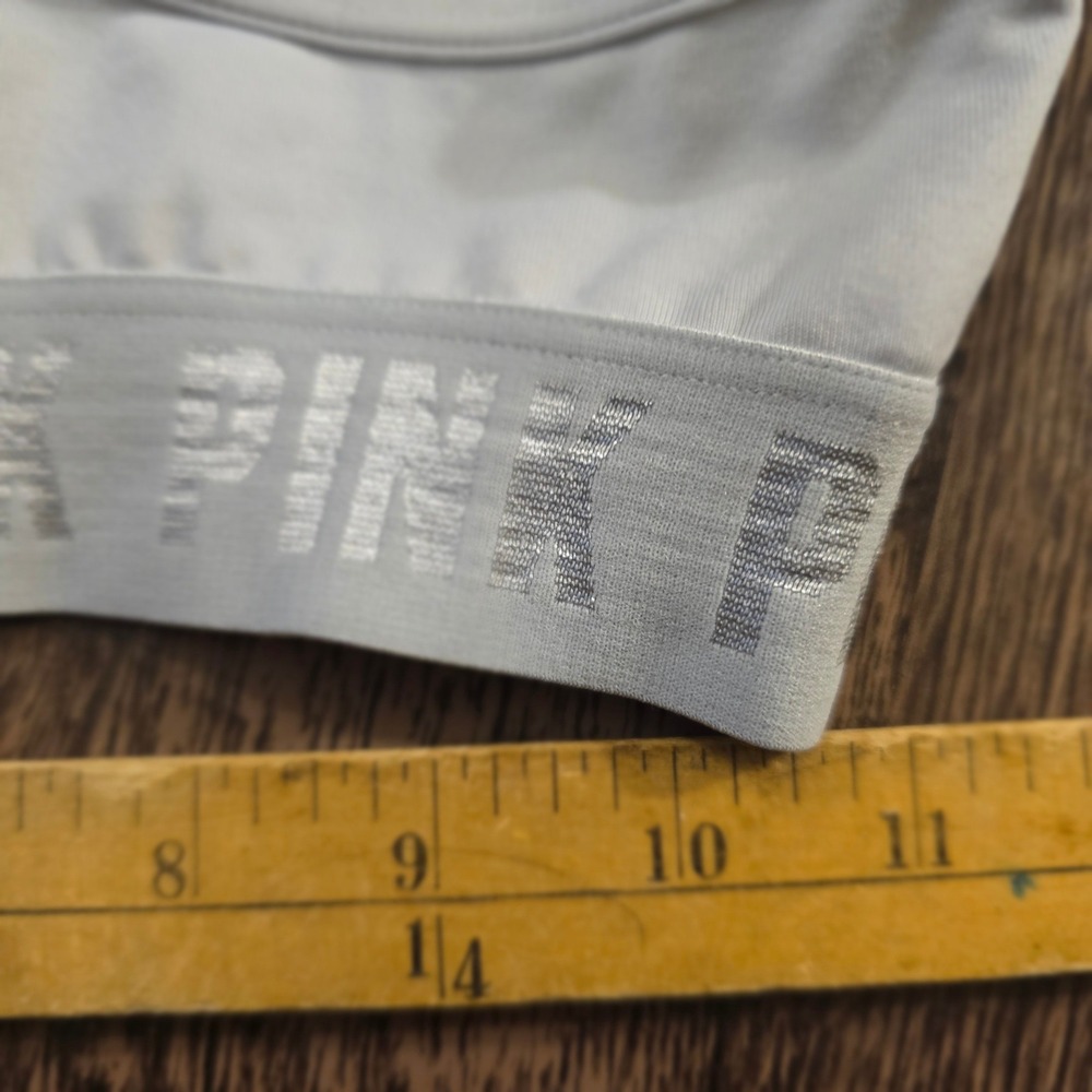PINK Sports Bra Womens S White Excellent Silver Metallic Logo Mesh Racerback - Picture 3 of 3